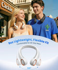 Two people wearing Hands Free Portable Neck Fan with 72 air vents for 360 degree cooling, suitable for daily outdoor use.