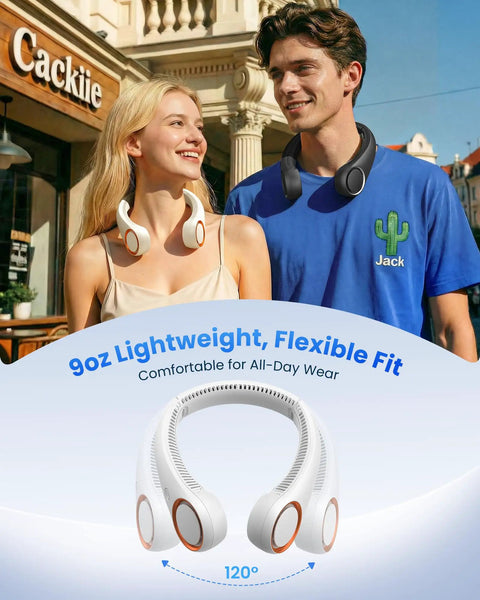 Two people wearing Hands Free Portable Neck Fan with 72 air vents for 360 degree cooling, suitable for daily outdoor use.
