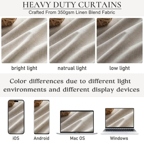 Heavy duty curtains showing fabric texture under bright, natural, and low light conditions with device display variations.