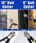 Beefy 4 Piece Cutter Set For Every Cut Job, Heavy Duty 14 Inch Bolt Cutter, 8 Inch Mini Bolt Cutter, shown cutting rebar and wire
