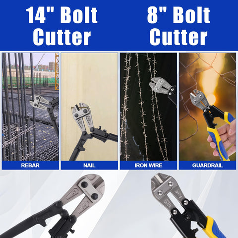 Beefy 4 Piece Cutter Set For Every Cut Job, Heavy Duty 14 Inch Bolt Cutter, 8 Inch Mini Bolt Cutter, shown cutting rebar and wire