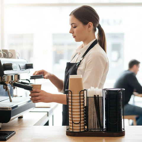 Barista using Three Compartment Coffee Cup And Lid Holder With Wooden Base, Go To Countertop Coffee Station Organizer