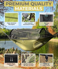 Ultralight Camping Hammock With Mosquito Net And Rain Fly suspended by tree straps near lake, showcasing nylon material and features.