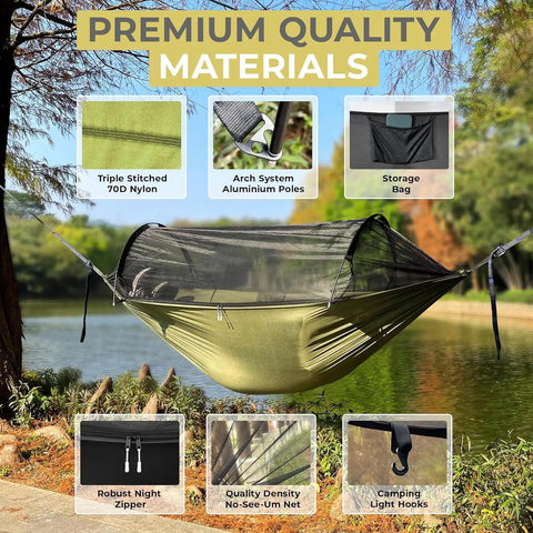 Ultralight Camping Hammock With Mosquito Net And Rain Fly suspended by tree straps near lake, showcasing nylon material and features.