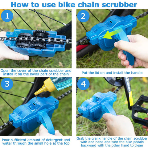 Instructions for using Bike Chain Cleaner Kit With Chain Lubricant And Biodegradable Degreaser, Chain Scrubber, Gear Brush