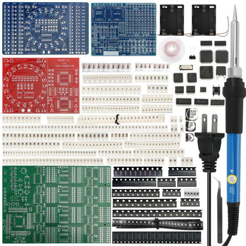 Beginner SMD Soldering Practice Kit With 4 PCB Training Boards Blue Red Green and Small Blue 60W Iron 2 Battery Boxes Full Components