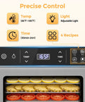Hella Spacious 12 Tray Food Dehydrator With Stainless Steel Racks control panel showing temperature, time, and recipe settings.
