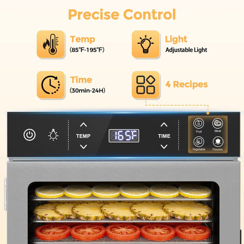 Hella Spacious 12 Tray Food Dehydrator With Stainless Steel Racks control panel showing temperature, time, and recipe settings.