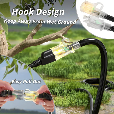 Outdoor Extension Cord 25 Ft Waterproof With Lighted Indicator And Cold Weatherproof To Minus 40 C Rugged 3 Prong in use.