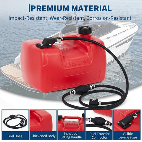 3 Gallon Marine Transfer Tank With Hose For Boats in red, I shape handle, visible level indicator, suited for fishing and deck boats
