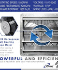 Beefy 16 Inch Wall Mounted Shutter Exhaust Fan With Auto Shutter Thermostat And Variable Speed Control For Home Or Shop Delivers 1200 CFM And Covers Up To 1800 Sq Ft In Silver, showing fan and motor details.