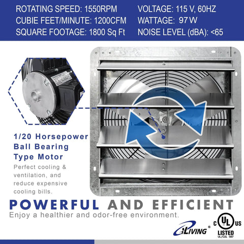 Beefy 16 Inch Wall Mounted Shutter Exhaust Fan With Auto Shutter Thermostat And Variable Speed Control For Home Or Shop Delivers 1200 CFM And Covers Up To 1800 Sq Ft In Silver, showing fan and motor details.