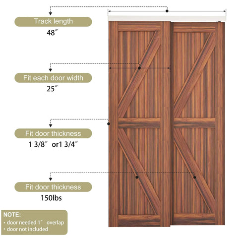 Heavy Duty Double Bypass Sliding Closet Door Track Kit Hardware For 48 Inch Aluminum Alloy Pocket Door Rail Set, visible installation specs.
