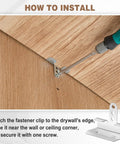 Illustration of installing 50 Pack Of 1/2 Inch Drywall Corner Repair Clips Featuring Top Shelf Wall Backup Fasteners For Studs.