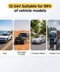Image showing SUV, Mercedes G-Class, Compact Sedan, and Freight Truck illustrating 8.1 Inch Wireless CarPlay Dash Screen compatibility.