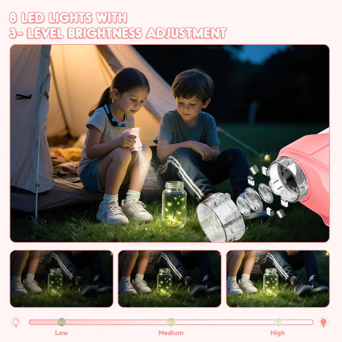 Two children using 1000X Handheld Digital Microscope for Kids with 2 Inch IPS Screen, exploring nature at night near a tent.