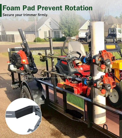 Three Place Weed Eater Rack for Trailer With Three Locks Open Trimmer Rack Holder for Landscape Truck shown on a trailer