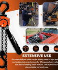 Orange mini lever chain hoist with black handle, 1/2 ton (1100 lb), 10 ft chain and dual hooks