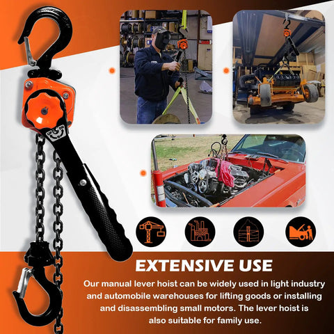 Mini Lever Chain Hoist Half Ton Lift Capacity Up To 1100 Lbs With 20 Ft Chain shown in use in garage and workshop settings