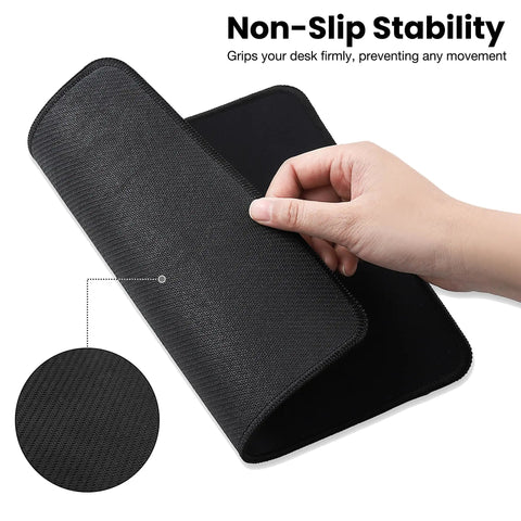 Stitched Edge Non Slip Rubber Mouse Pad For Laptop And PC Use Go To Desk Mat For Gaming Office And Home Black Square 9.8 Inches By 8.3 Inches By 0.08 Inches shown with non-slip feature and edge stitching.