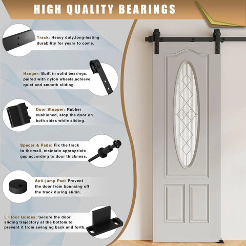 Heavy Duty Sliding Barn Door Hardware Kit With Upgraded Two Point Screw Fixation Modular Track System For A Single Door 30 To 36 Inches Quiet Smooth Sliding Easy To Install shown installed on a white door with high quality bearings.
