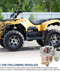ATV parked outdoors with inset of Fuel Tank And Carburetor Kit For 212cc 196cc Go Kart Mini Bike Engines Six Point Five HP GX160 GX200 Coleman CT200U BT200X KT196 Baja Warrior Massimo MB200 Black.