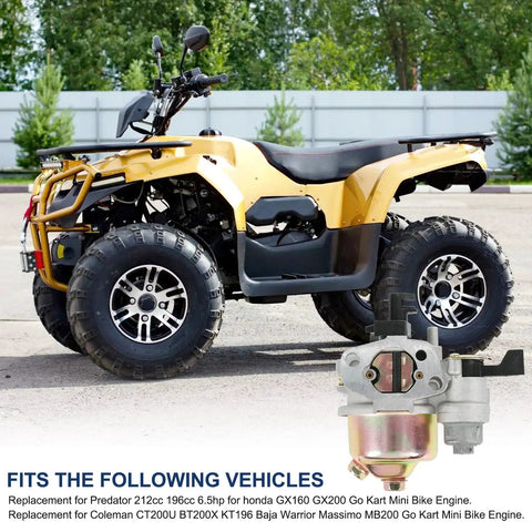 ATV parked outdoors with inset of Fuel Tank And Carburetor Kit For 212cc 196cc Go Kart Mini Bike Engines Six Point Five HP GX160 GX200 Coleman CT200U BT200X KT196 Baja Warrior Massimo MB200 Black.