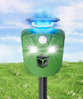 Solar 360 Degree Animal Deterrent For Yard And Garden With Motion Sensors Waterproof Ultrasonic And Flashing Light Outdoor Deer Raccoon Cat Repellent No Blind Spots, green solar unit on stake