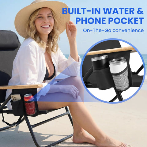 Woman relaxing on Two Pack Portable Beach Chairs For Adults, Lightweight Outdoor Camping Chairs With Wooden Armrests, built-in cup holder