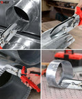5-Blade Sheet Metal Crimper Hand Tool in use on ductwork and stove pipe, 9.8 inch HVAC crimper for 24 gauge steel and 26 gauge stainless.