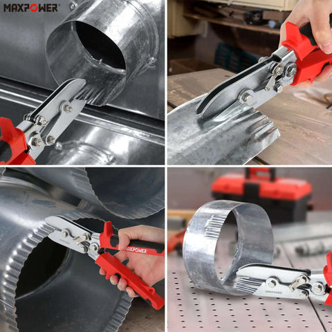 5-Blade Sheet Metal Crimper Hand Tool in use on ductwork and stove pipe, 9.8 inch HVAC crimper for 24 gauge steel and 26 gauge stainless.