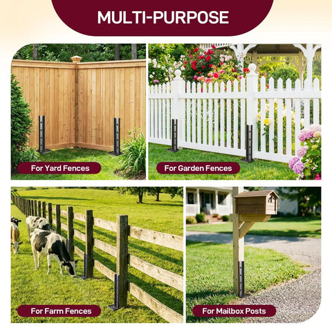 Fence Post Repair Kit, 4-Piece Heavy Duty Ground Stakes in varied installations for yard, garden, farm fences, and mailbox posts.