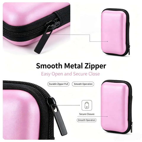 Close-up of the smooth metal zipper on the Pink EVA Hardshell Gadget Organizer Pouch With Cord Holder For Travel Electronics Storage.