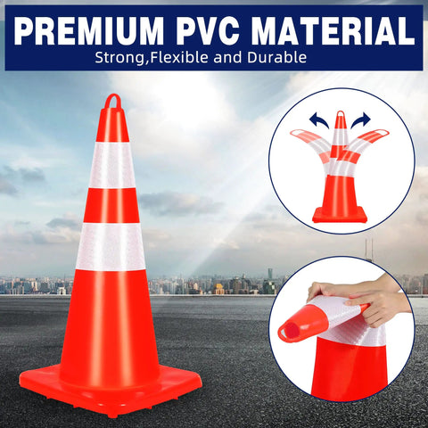 28 Inch Traffic Cones 6 Pack PVC Safety Cones With Reflective Collars and handle on city skyline background