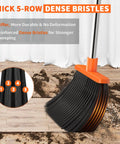 Close-up of upgraded broom head with thick 5-row dense bristles for strong sweeping, on orange and gray broom set.