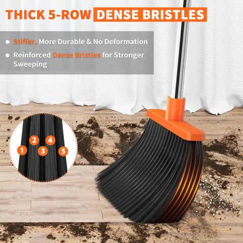 Close-up of upgraded broom head with thick 5-row dense bristles for strong sweeping, on orange and gray broom set.