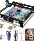 Twotrees TTS-10 Pro laser engraver, desktop frame with blue accents; front view with multiple sample engravings.