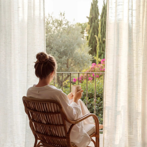 Woman sitting near Semi Sheer Linen Living Room Curtains With Grommets Light Filtering Airy Cozy Privacy Drapes Natural Linen Blend