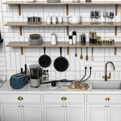 Kitchen counter with appliances including a blue cooker, blender, and breadboard. Open shelves display kitchenware and utensils.