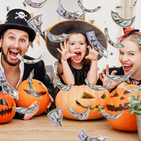 Family celebrating Halloween with pumpkin carvings and 140 Piece Play Money Set For Kids With 7 Denominations.