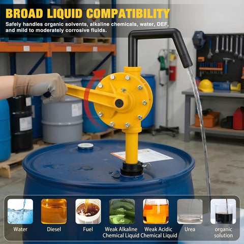 Heavy-Duty Barrel Pump Handles 15 To 55 Gallons Easy 10 Gpm Straight Up Fast Chemical Fuel Water Transfer device in use.