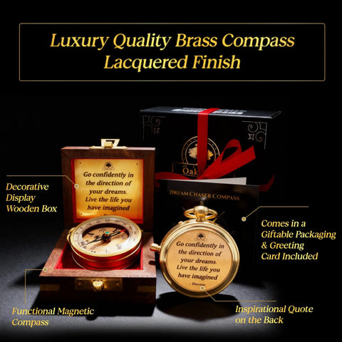 Go Confidently Brass Compass Gift For Graduation, College And High School, Unique Gift For Him, Boss Level Birthday Idea For Son Or Boys, Motivational Keepsake With Greeting Card Included displayed in elegant wooden box.