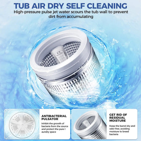 Compact Portable Washing Machine 20 Lbs Turbo Wash System tub with self-cleaning technology and antibacterial pulsator.