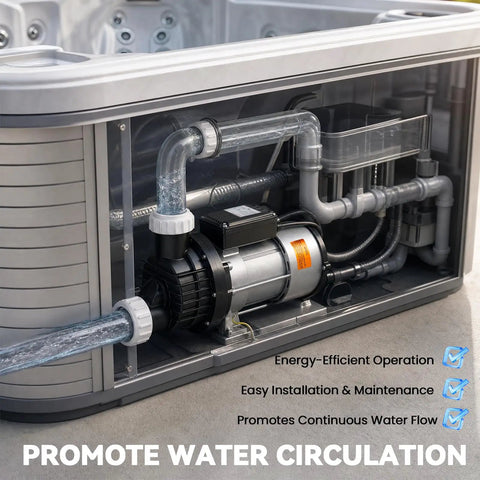 Top Shelf 1.5Hp Hot Tub Spa Pump Equipped With Strong 110V Copper Motor for smooth water circulation in hot tub.