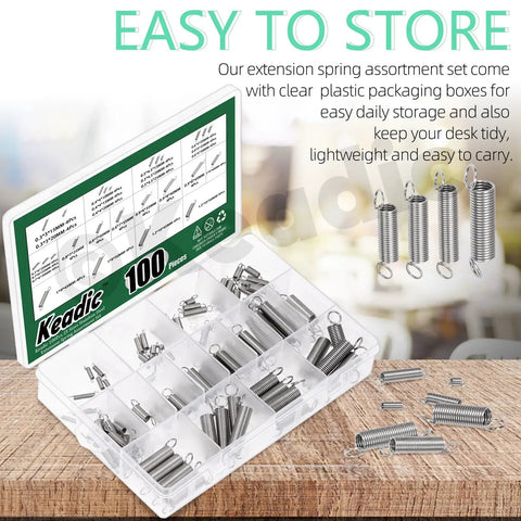 100Pcs Stainless Steel Extension Spring Kit In 25 Sizes with storage box on table