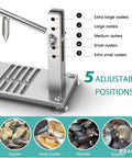 Oyster Shucker Machine Opener Set For Fast Safe Shell Opening Pro Grade Aluminum Base With 6 Groove Stabilizers shown with adjustable height settings for various oyster sizes.