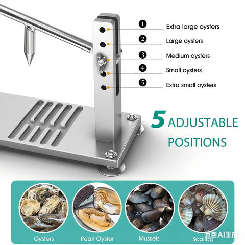 Oyster Shucker Machine Opener Set For Fast Safe Shell Opening Pro Grade Aluminum Base With 6 Groove Stabilizers shown with adjustable height settings for various oyster sizes.