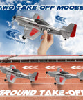 Hand holding P51 Foam Glider RC Plane for Kids and Beginners with 2.4GHz 3 Channel Remote, shown in take-off and ground mode.