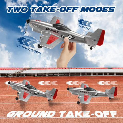 Hand holding P51 Foam Glider RC Plane for Kids and Beginners with 2.4GHz 3 Channel Remote, shown in take-off and ground mode.