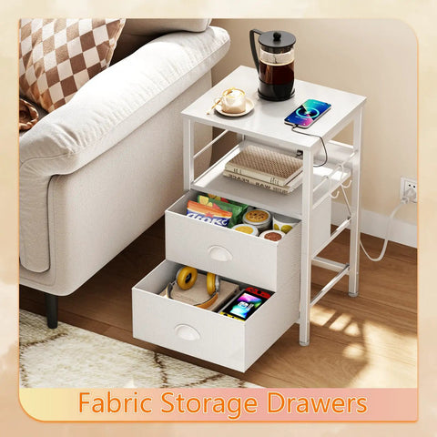 White End Table With Built In Charging Station And USB Ports Nightstand With Outlets Storage Shelf Fabric Drawers Hooks